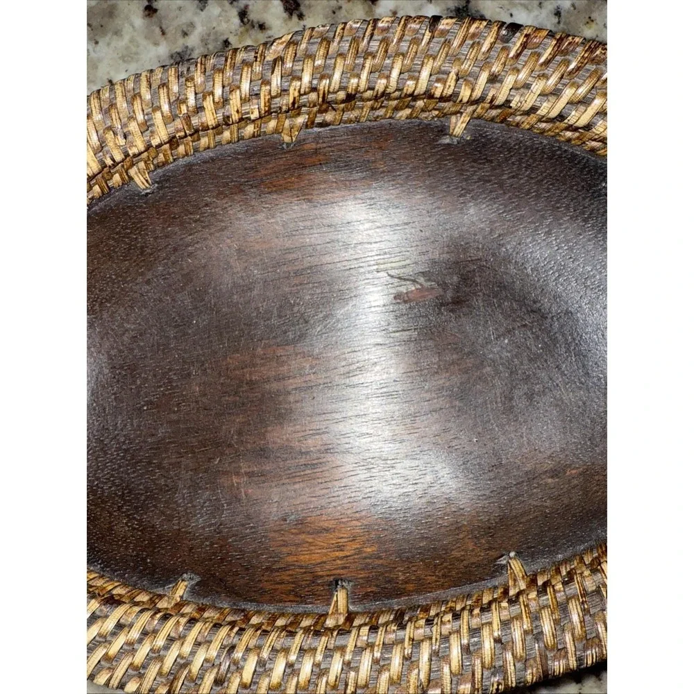 Mid Century Modern Rare Vintage Wood Palecek‎ Inlaid Oval Seed Bowl - Woven 5249